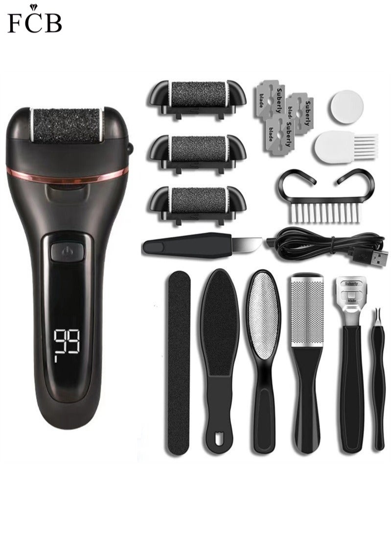 FCB Electric Callus Remover for Feet Rechargeable Pedicure Tool Foot Care Foot File All-in-1 Callus Remover Kit for Removing Cracked and Dead Skin from Heels with 3 Roller Heads 2-Speed Battery Display - Image 1