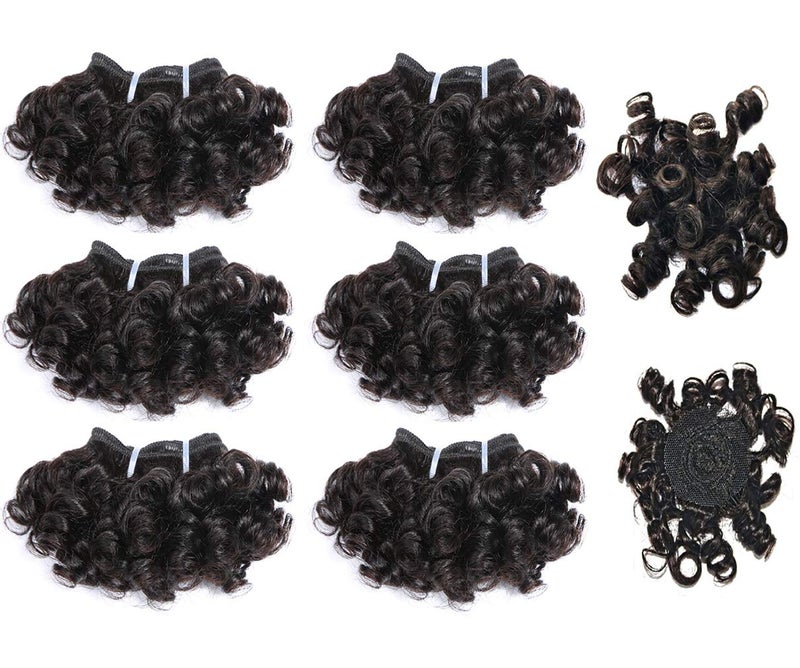 Aiokrtse Peruvian Virgin Hair Short Bouncy Curly Human Hair Weave Bundles 6 Pieces 6 Inches Weave with 1 Small Closure Natural Black Color 238 Grams