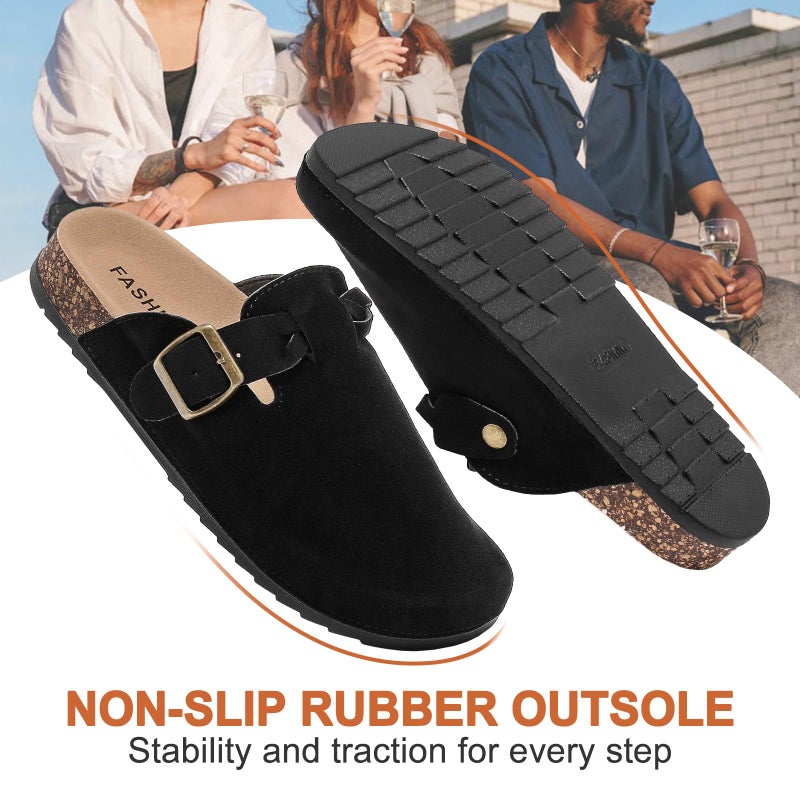 DDXYYDS Women's Suede Clogs Mens Leather Mules Comfort Cork Footbed Sandals with Arch Support and Adjustable Buckle Black - Image 4