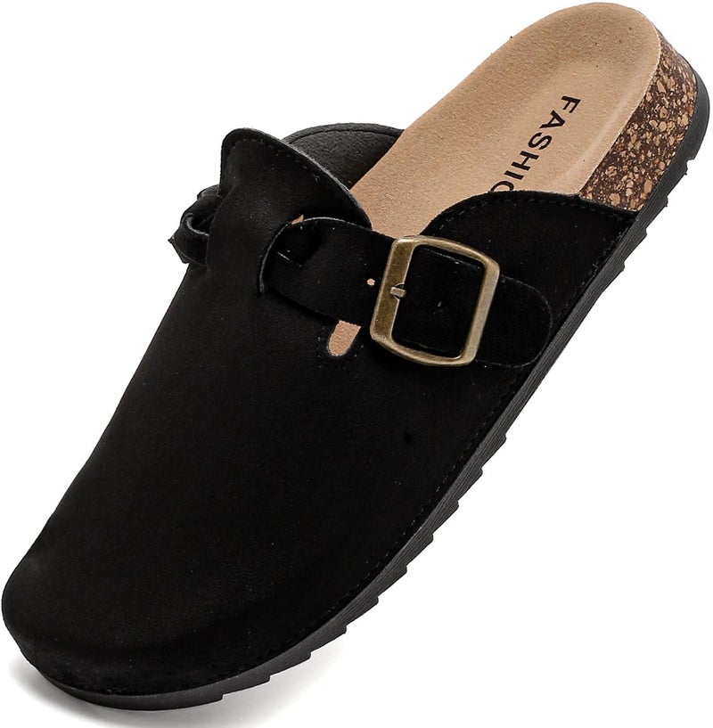 DDXYYDS Women's Suede Clogs Mens Leather Mules Comfort Cork Footbed Sandals with Arch Support and Adjustable Buckle Black - Image 1