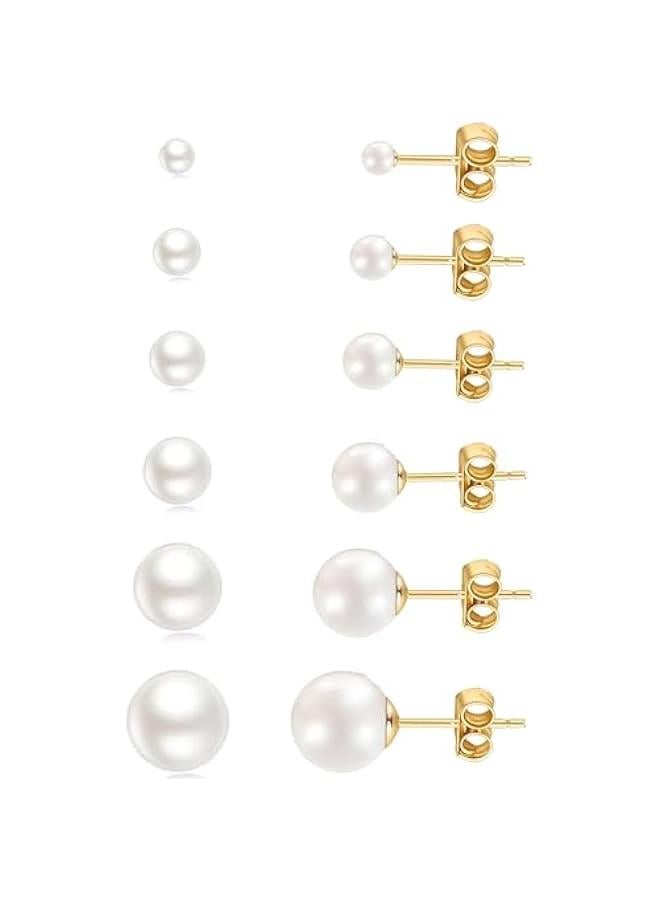 Arabest 14K Gold Filled Polished Small CZ Pearl Ball Stud Earrings Set for Women Men 20G Surgical Steel Hypoallergenic Piercing Studs for Sensitive Ear, Pack of 6 Pairs  - Image 1