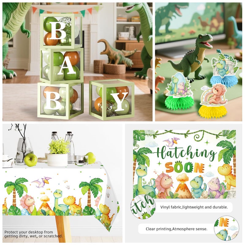 cocomigo 280PCS Dinosaur Baby Shower Decorations, 25 Dinosaur Theme Tableware, Includes It's A Boy Plates and Napkins, Backdrop, Balloon Kit for Hatching Soon Baby Shower Decorations - Image 4
