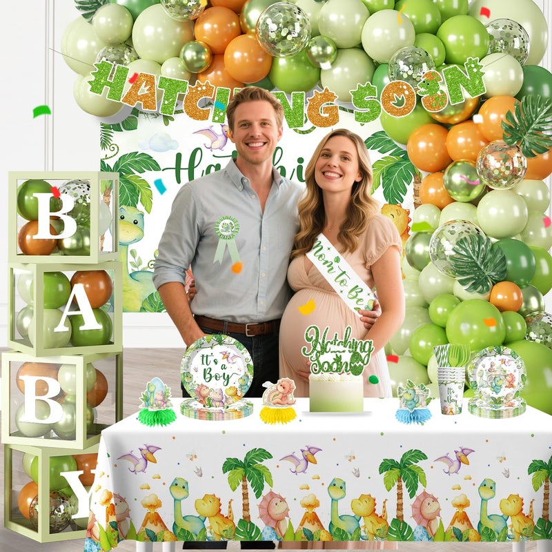 cocomigo 280PCS Dinosaur Baby Shower Decorations, 25 Dinosaur Theme Tableware, Includes It's A Boy Plates and Napkins, Backdrop, Balloon Kit for Hatching Soon Baby Shower Decorations - Image 2