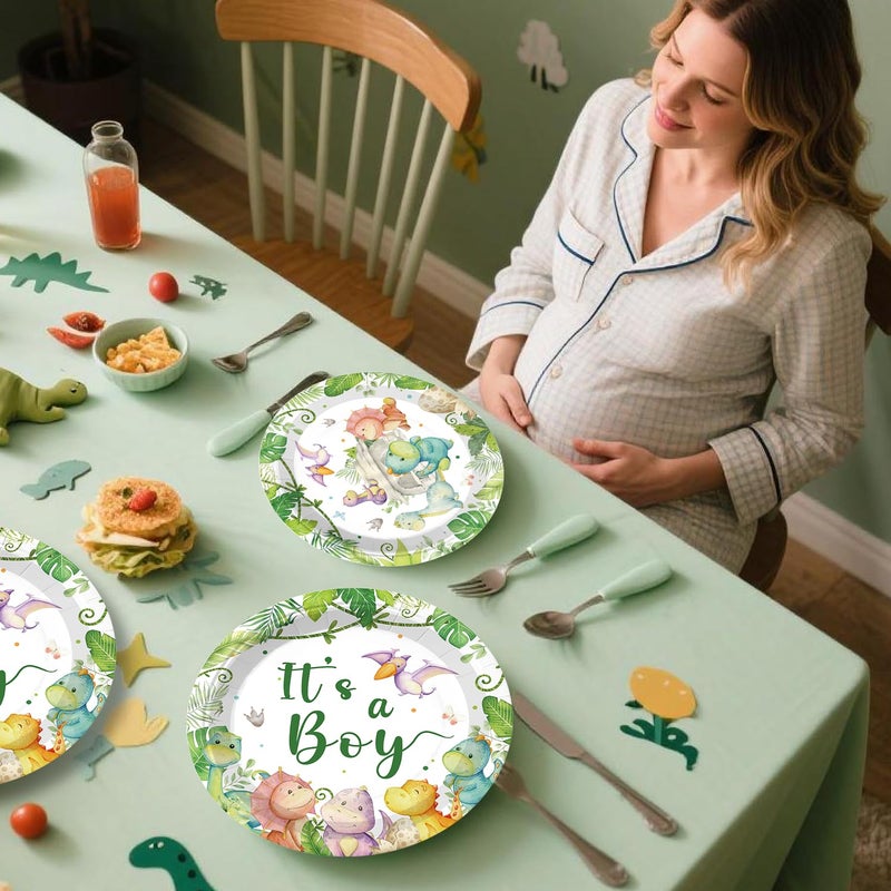 cocomigo 280PCS Dinosaur Baby Shower Decorations, 25 Dinosaur Theme Tableware, Includes It's A Boy Plates and Napkins, Backdrop, Balloon Kit for Hatching Soon Baby Shower Decorations - Image 3