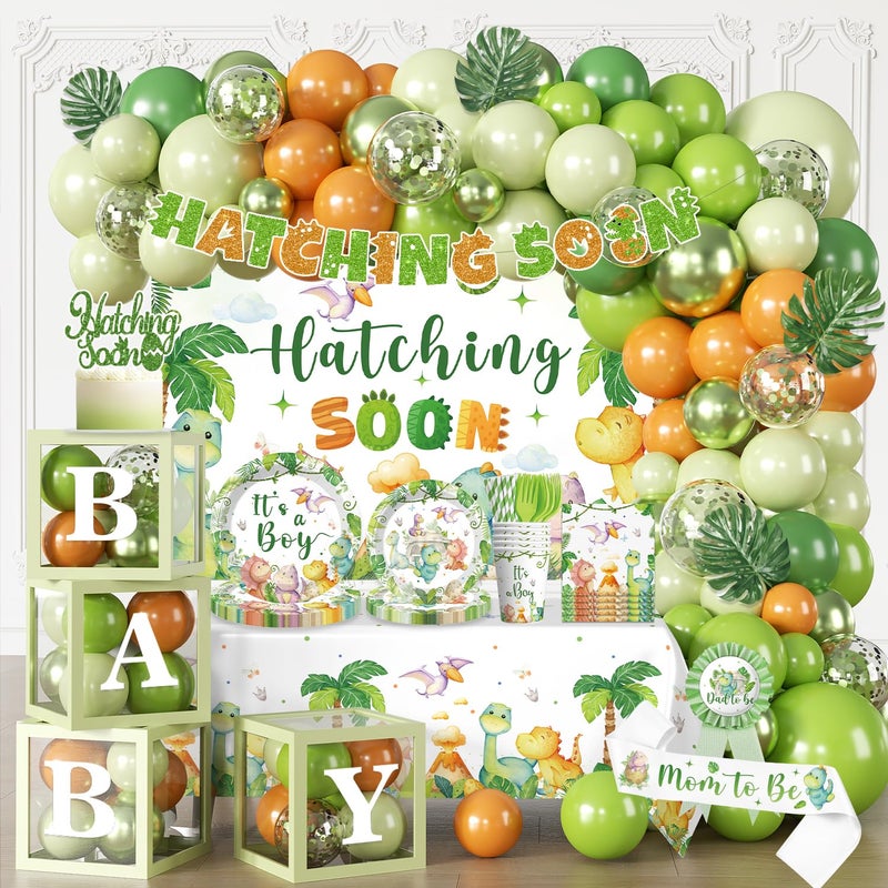 cocomigo 280PCS Dinosaur Baby Shower Decorations, 25 Dinosaur Theme Tableware, Includes It's A Boy Plates and Napkins, Backdrop, Balloon Kit for Hatching Soon Baby Shower Decorations - Image 1