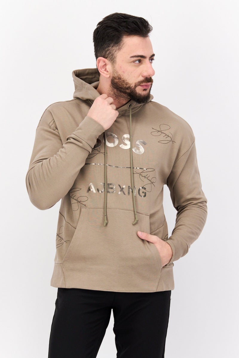 HUGO BOSS Men Graphic Long Sleeves Hooded Sweatshirt, Light Tan  - Image 1
