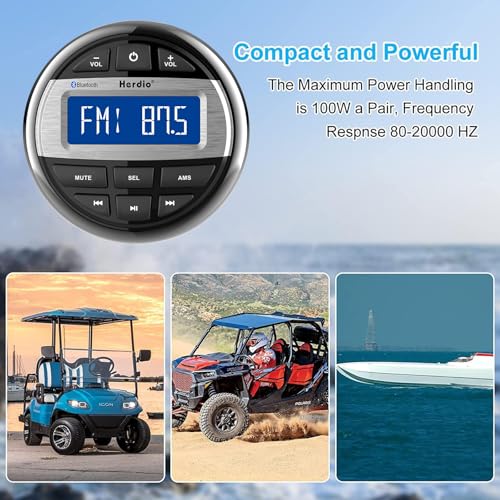 Herdio Marine Radio and Speakers Set Compatible with Bluetooth Marine Gauge Head Unit65 Inch Marine Flush Wall Mount Ceiling SpeakersRubber Flexible Mast FM AM Antenna - Image 3