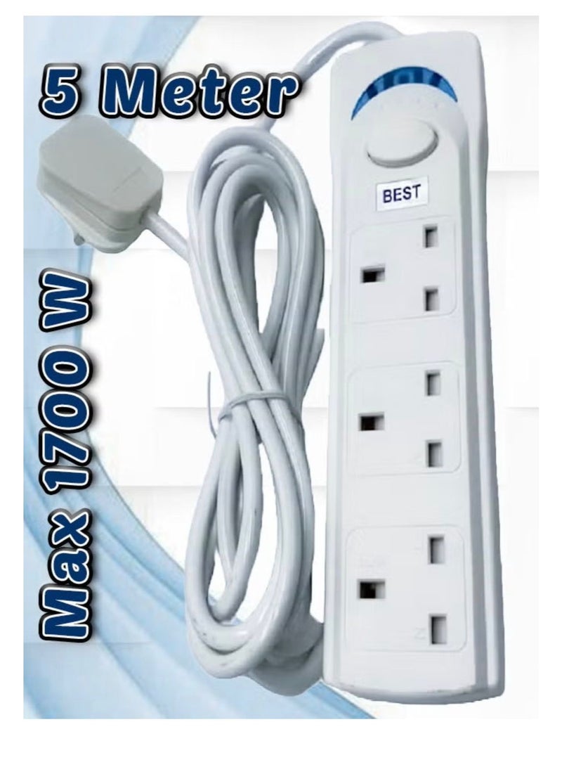 Best 5m Power Strip Extension Cable | Universal 3-Socket Adapter with 5m Bold Extension Cable | Power Socket | Extension Pad | Extension Cable | Extension Socket (White) - Image 2