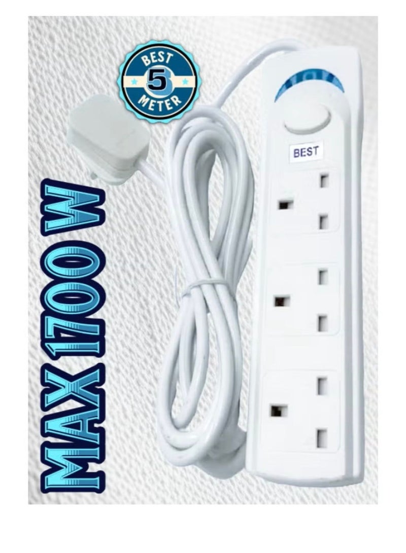 Best 5m Power Strip Extension Cable | Universal 3-Socket Adapter with 5m Bold Extension Cable | Power Socket | Extension Pad | Extension Cable | Extension Socket (White) - Image 1