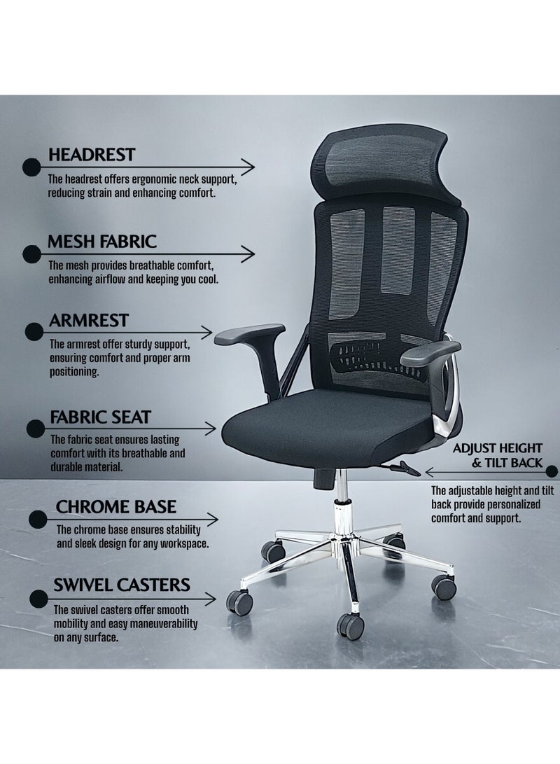 مفروشات صابر واخوانه (ذ.م.م) SBF Ergonomic Mesh Office Chair with Headrest, High Back, Adjustable Height and Tilt Back, Breathable Fabric, Chrome Base, Ideal for Home and Office - Image 4