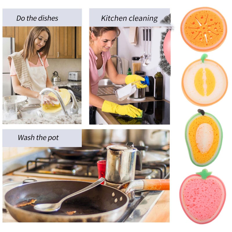 4Pcs Cartoon Fruit Scrub Sponges Thick Reusable for Dishes and Wok Cleaning - Image 4