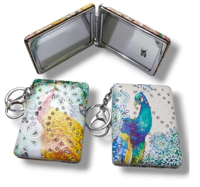 TEMSON TEMSON Peacock Theme Mirror with Key Ring Small Foldable Hand Mirror for Travel Office Purse White  - Image 3
