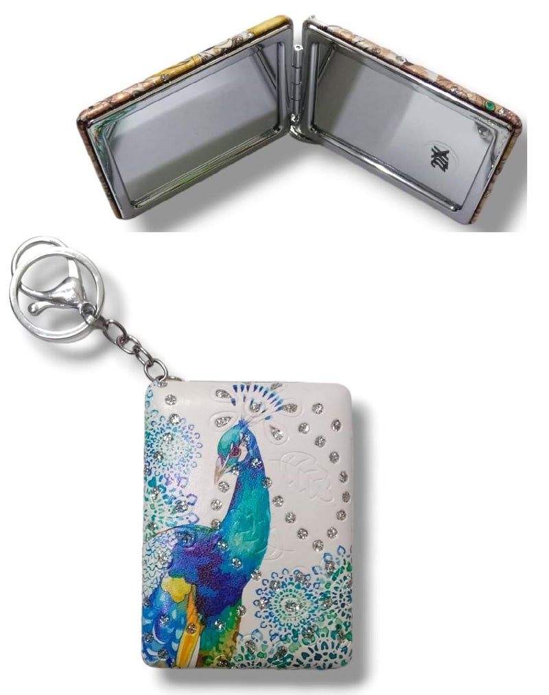 TEMSON TEMSON Peacock Theme Mirror with Key Ring Small Foldable Hand Mirror for Travel Office Purse White  - Image 1