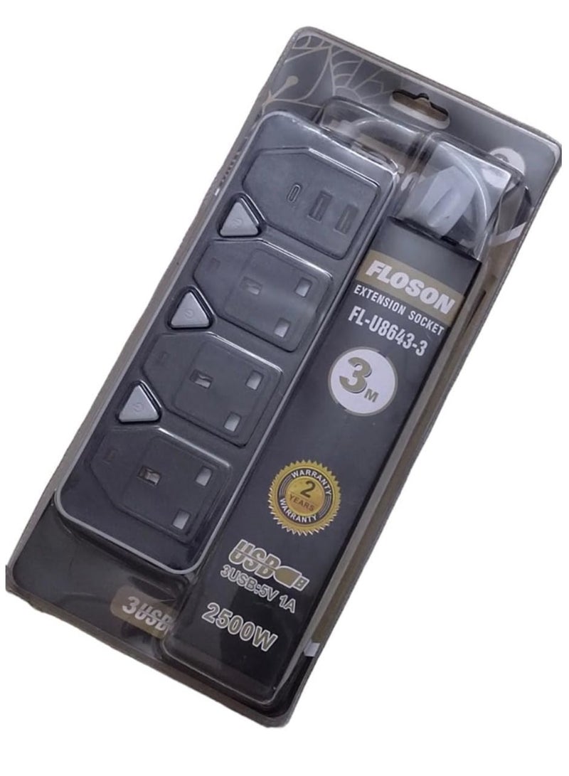 USB Power Plug, 3-Port Extension Cord, 3-Port USB Power Socket, Separate Switch for Each Socket, 2500W, Universal Charging Socket with Extension Cord (3m)