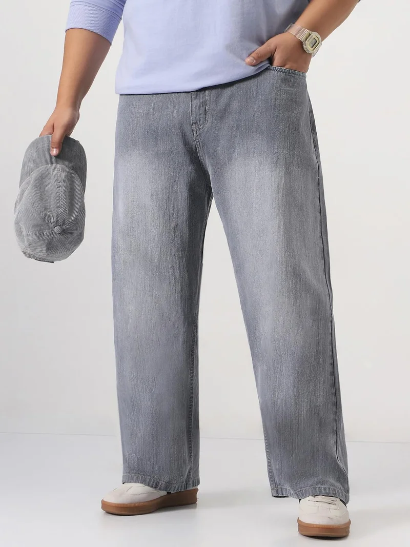 Urbano Plus Men's Light Grey Loose Baggy Fit Washed Denim Jeans Non-Stretchable
