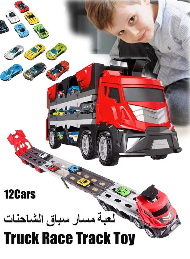 Truck Race Track Toys, Folding Ejection Race Truck with Music, Versatile Transforming Truck with Dual Race Tracks, Die-Cast Transport Truck Car Toys, Carrier Truck Race Track Kids Toys with 48-Inch Race Track, Foldable 3 Layer Car Race Track Playset, Container Truck Toy with 12 Alloy Cars Vehicles,  Toddler Car Toys Track Set, Construction Vehicle Truck Boy Toys, Toddler Toys for 3+ Years Old Kids(Red)  - Image 1
