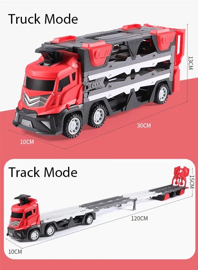 Truck Race Track Toys, Folding Ejection Race Truck with Music, Versatile Transforming Truck with Dual Race Tracks, Die-Cast Transport Truck Car Toys, Carrier Truck Race Track Kids Toys with 48-Inch Race Track, Foldable 3 Layer Car Race Track Playset, Container Truck Toy with 12 Alloy Cars Vehicles,  Toddler Car Toys Track Set, Construction Vehicle Truck Boy Toys, Toddler Toys for 3+ Years Old Kids(Red)  - Image 2