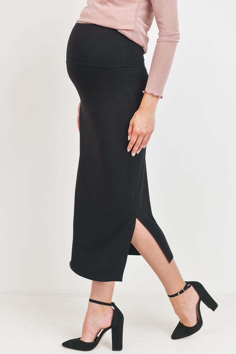 LaClef Women's High Waist Side Slit Midi Maternity Skirt, Black, Medium - Image 2