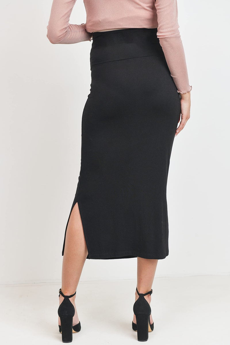 LaClef Women's High Waist Side Slit Midi Maternity Skirt, Black, Medium - Image 3