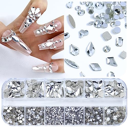Dowarm 3200PCS Nail Art Rhinestones Crystal Clear Flatback Rhinestones for Nails Crafts 12 Styles 3D Glass Crystal Nail Gems White Diamond Stones