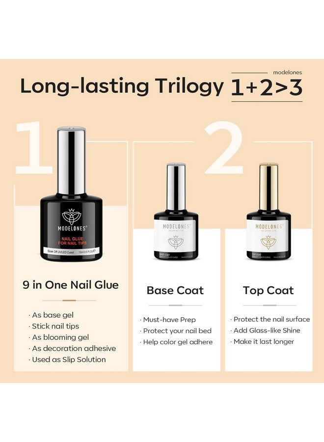 modelones 9 in One Nail Glue with Gel Top and Base Coat Gel Nail Kit, No Wipe Base Coat Long Lasting Glossy Top Coat 3Pcs Gel Nail Glue for Nail Tips, Blooming Gel, Rhinestone Glue - Image 2