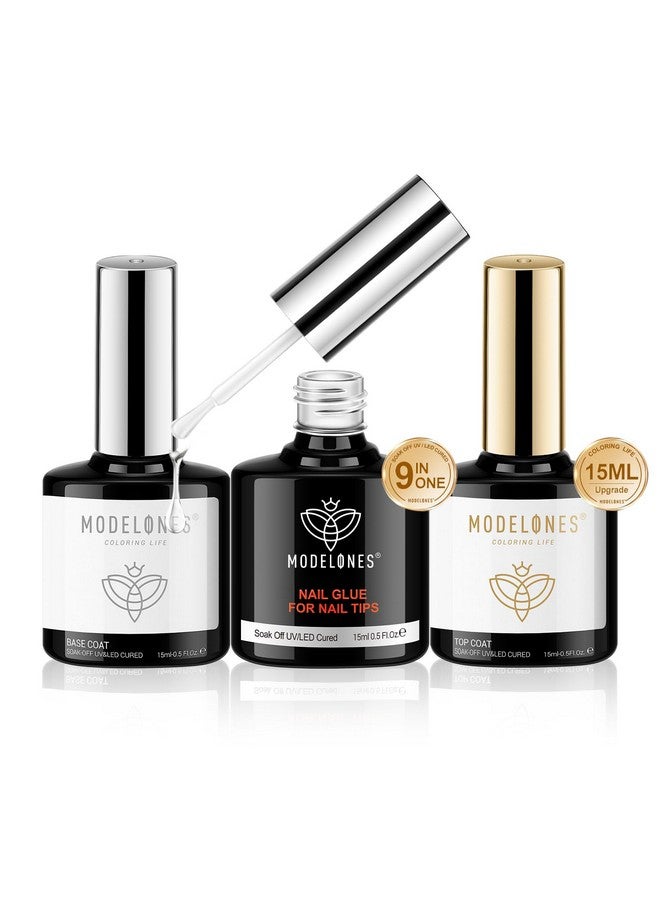 modelones 9 in One Nail Glue with Gel Top and Base Coat Gel Nail Kit, No Wipe Base Coat Long Lasting Glossy Top Coat 3Pcs Gel Nail Glue for Nail Tips, Blooming Gel, Rhinestone Glue - Image 1