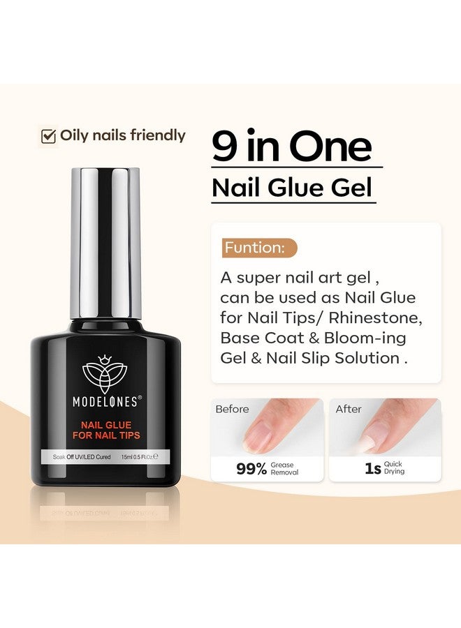 modelones 9 in One Nail Glue with Gel Top and Base Coat Gel Nail Kit, No Wipe Base Coat Long Lasting Glossy Top Coat 3Pcs Gel Nail Glue for Nail Tips, Blooming Gel, Rhinestone Glue - Image 4