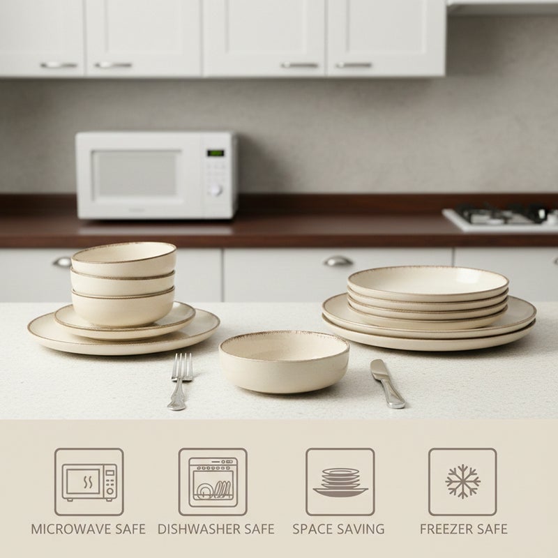 Shallow Stoneware NIO 12 Pc Dinner Set, Beige | Rustic Speckled Dinnerware Set with Brown Rim Plates, Side Plate, Bowl Set for 4 People Lightweight Stackable Tableware for Modern Home Dining - Image 3