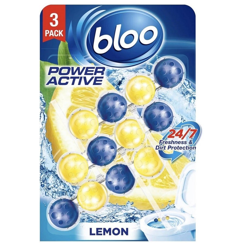 Bloo Power Active Toilet Rim Block Lemon 3 Pack Toilet Cleaner & Freshener with 24/7 Freshness, Limescale Prevention & Dirt Protection for Long Lasting Clean Toilet Bowl - Image 1