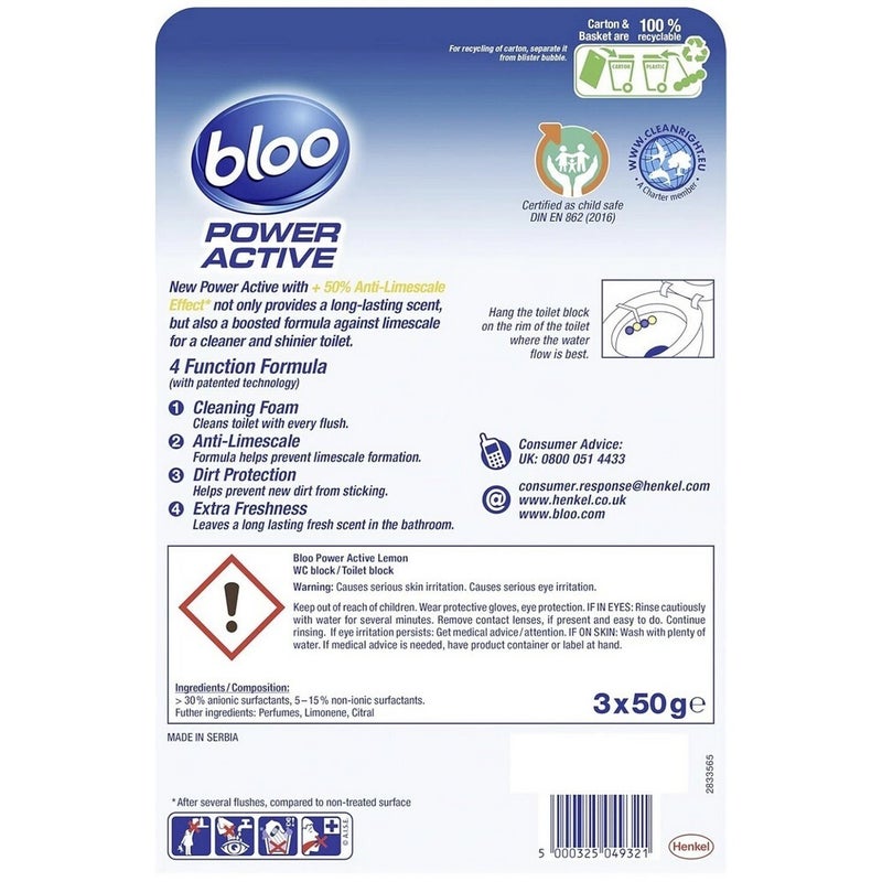 Bloo Power Active Toilet Rim Block Lemon 3 Pack Toilet Cleaner & Freshener with 24/7 Freshness, Limescale Prevention & Dirt Protection for Long Lasting Clean Toilet Bowl - Image 2