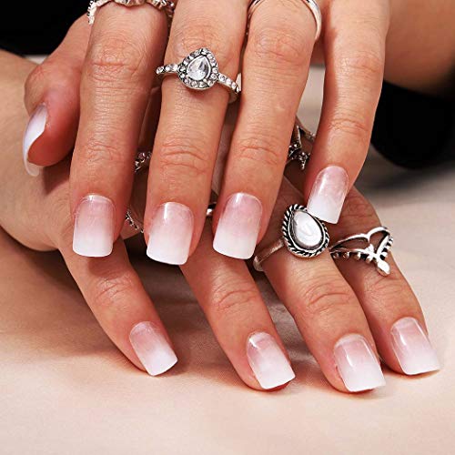 Bomine Press on Nails White Ombre Fake Nails Short Square Glossy False Nails Acrylic Full Cover Nails Tips for Women and Girls 24Pcs (Ombre White) - Image 1