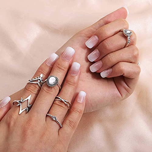 Bomine Press on Nails White Ombre Fake Nails Short Square Glossy False Nails Acrylic Full Cover Nails Tips for Women and Girls 24Pcs (Ombre White) - Image 3