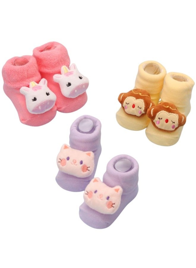 Yellow Bee Playful Monkey, Bunny, and Unicorn Rattle Socks Combo for Girls, Pack of 3- Yellow, Purple and Pink, 0-12 Months - Image 1