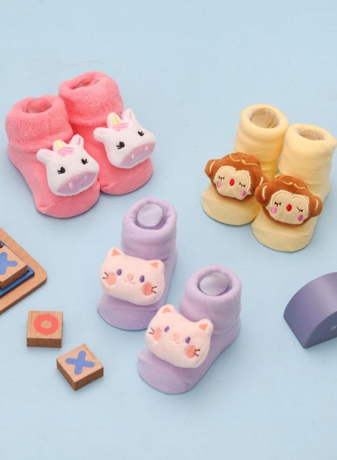 Yellow Bee Playful Monkey, Bunny, and Unicorn Rattle Socks Combo for Girls, Pack of 3- Yellow, Purple and Pink, 0-12 Months - Image 2