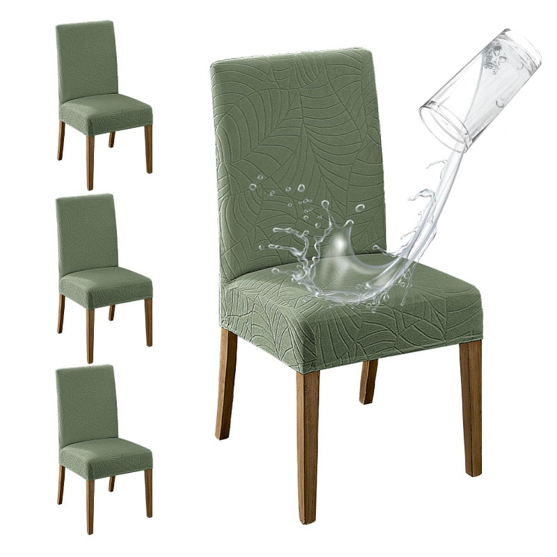 MOSAYT 100% Waterproof Dining Room Chair Covers Set of 4, Super Fit Stretch Jacquard Parson Chairs Slipcovers Removable Washable Chair Seat Protectors for Home, Kitchen, Banquet (Green) - Image 1