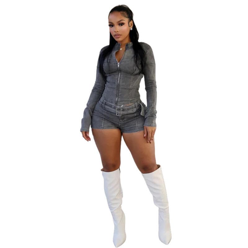 Molilove Women's Two Piece Set Denim Outfits Long Sleeve Zip Up Cropped Jean Jacket Bodycon Shorts Sets with Belt Y2K Outfits - Image 2