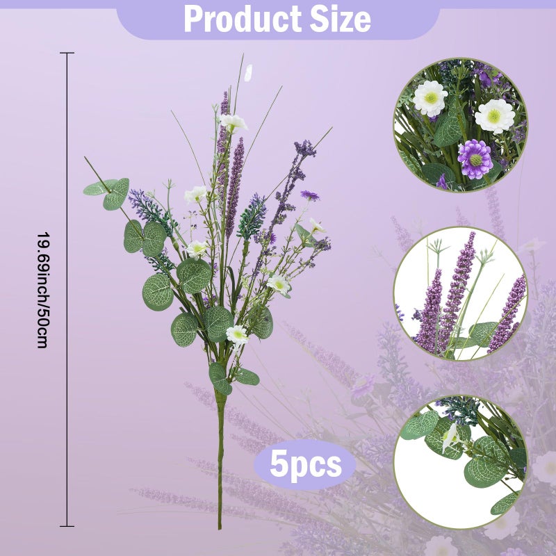 HO2NLE 19.6" Fake Lavender Flowers Artificial Purple 5Pcs Faux Florals Plastic Flowers with Daisies Bulk Bush Spring Summer for Garden Porch Table Centerpieces Home Kitchen Wedding Decorations - Image 2