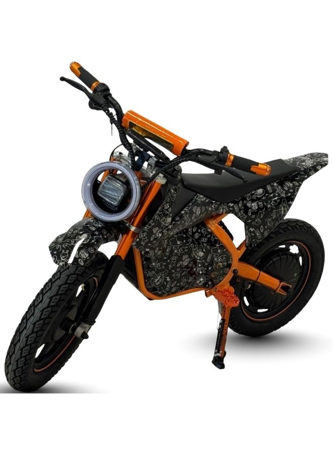 Electric Dirt Bike Orange & Black LED Headlight  Custom Graphic Design  Disc Brake System  Large Off-Road Tires  Powerful & Safe Ride for Kids & Teens - Image 1