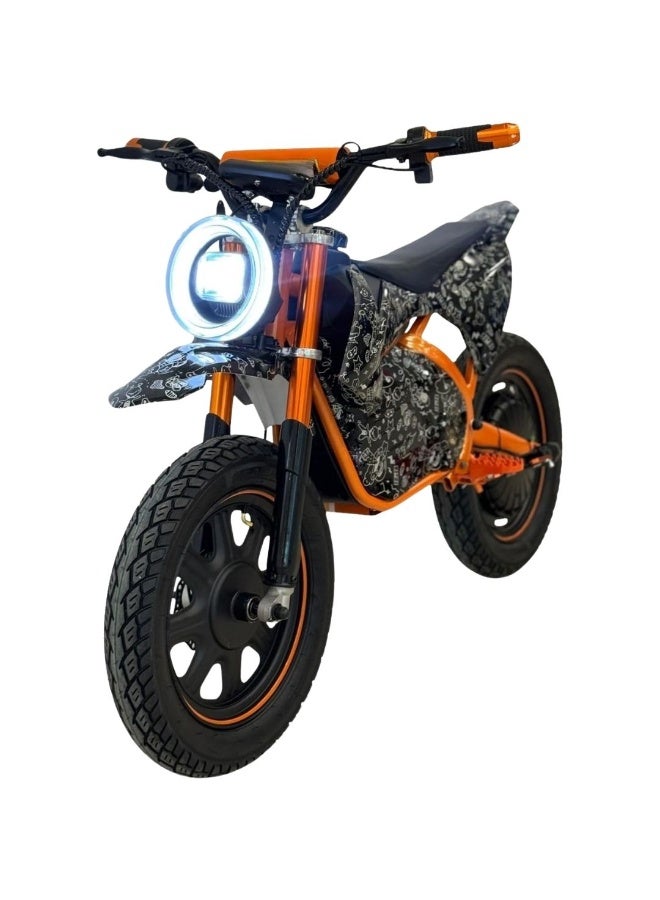 Electric Dirt Bike Orange & Black LED Headlight  Custom Graphic Design  Disc Brake System  Large Off-Road Tires  Powerful & Safe Ride for Kids & Teens - Image 2