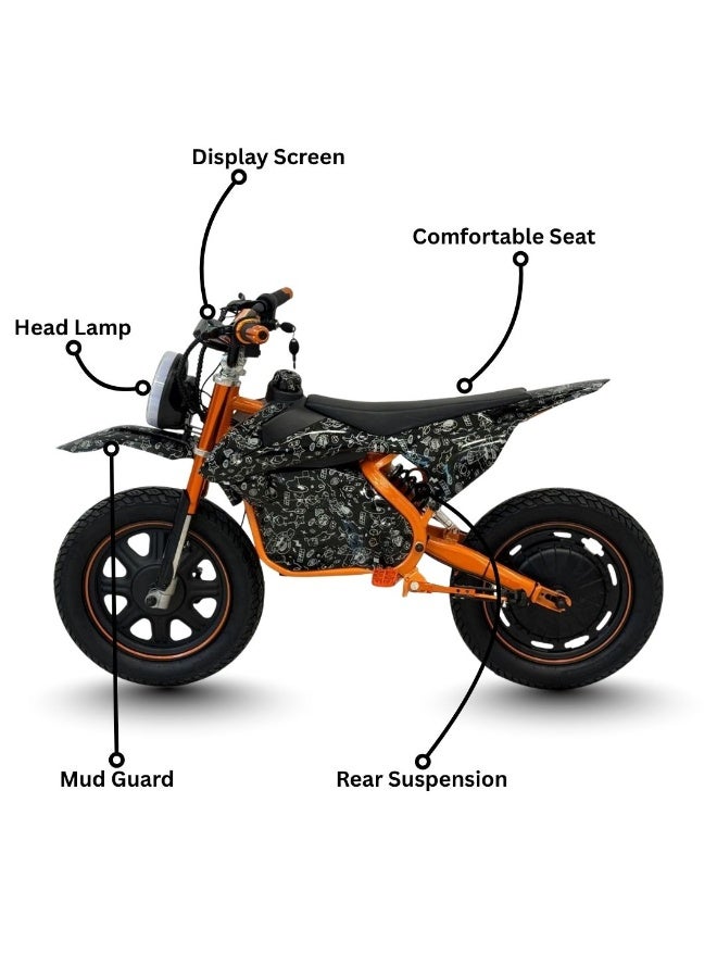 Electric Dirt Bike Orange & Black LED Headlight  Custom Graphic Design  Disc Brake System  Large Off-Road Tires  Powerful & Safe Ride for Kids & Teens - Image 3