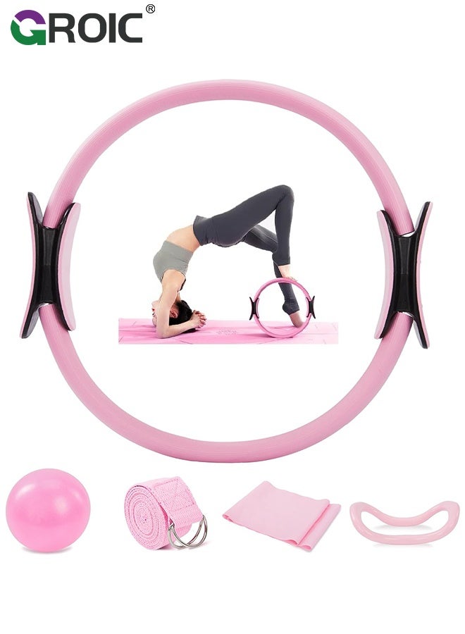 GROIC 5 Pcs Pilates Ring Set Yoga Fitness Magic Circle Pilates Equipment for Home Workouts Fitness kit Includes Burst Resistant Pilates Mini Ball & Highly Elastic Resistance Bands - Image 1