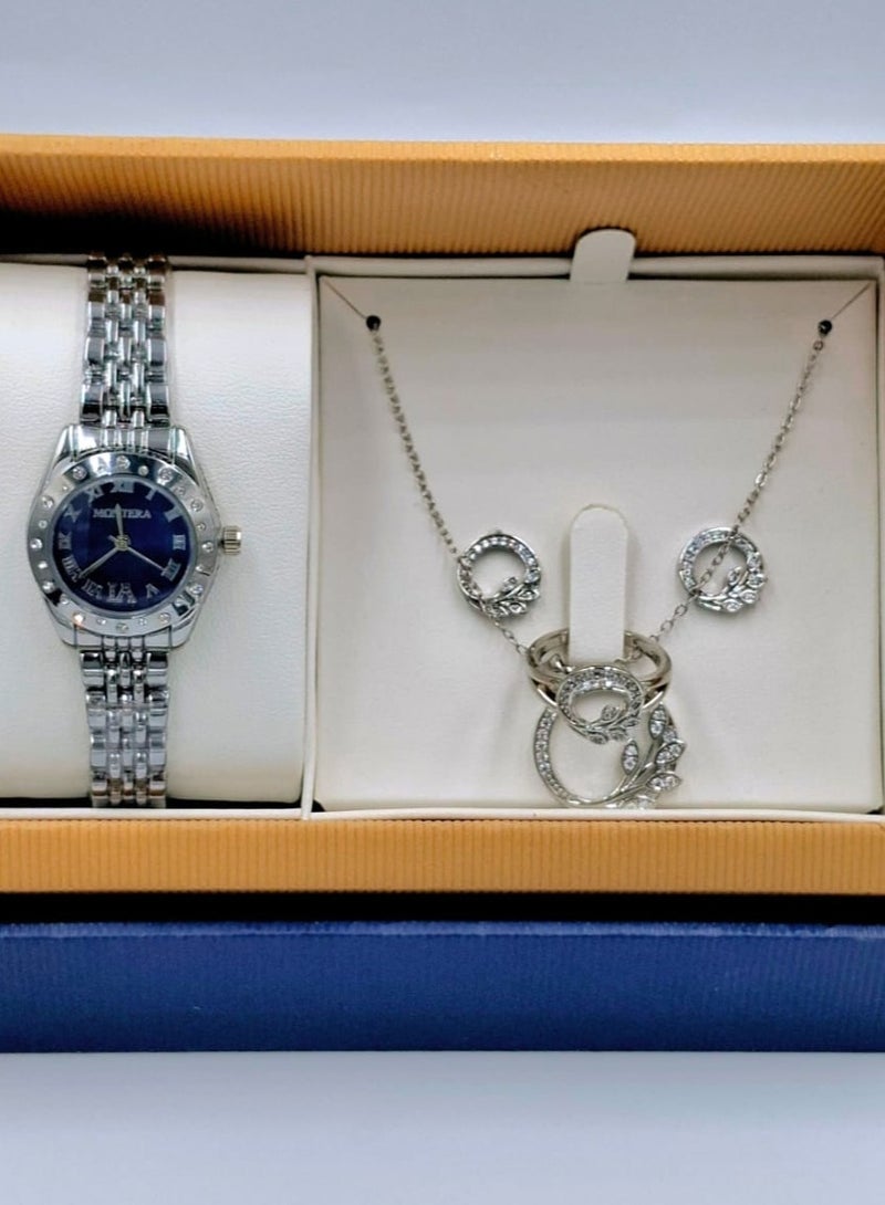 مونتيرا طقم ساعة يد بعقارب وطقم مكون من السلسال والحلق والخاتم للنساء