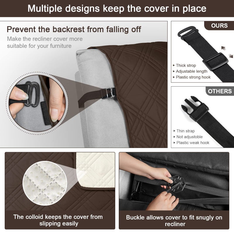 TAOCOCO Waterproof Recliner Chair Covers 30 Inch Wide, Oversized Recliner Covers for Recliner Chair with Pocket, Recliner Slipcovers with Straps Furniture Protector for Kids Pets (30'', Chocolate) - Image 5