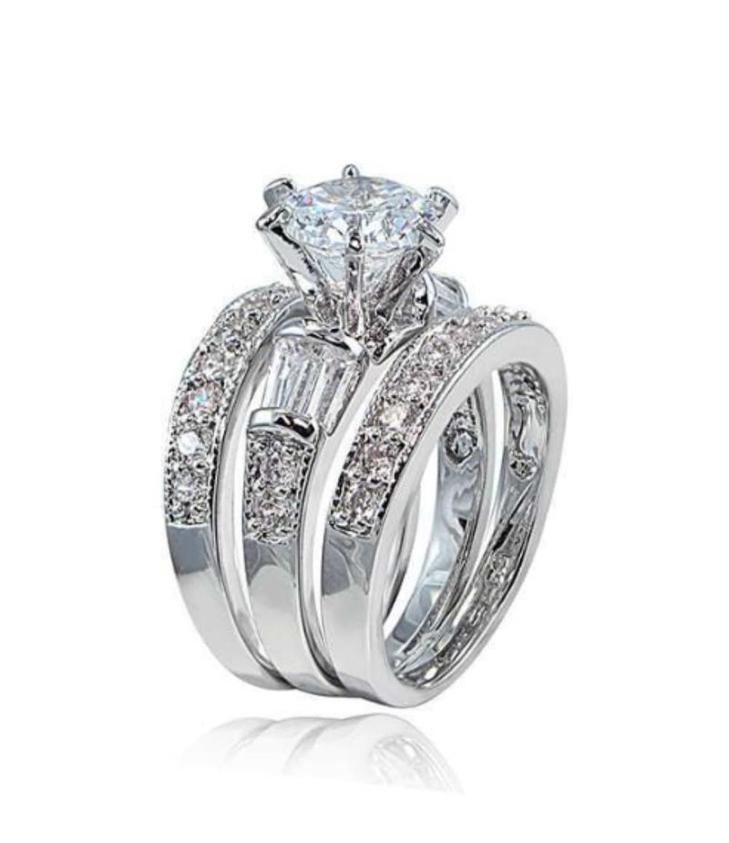 EUJHRTM 925 sterling silver round diamond set for fashionable women's three piece set with diamond engagement, elegant and elegant Mosang stone ring Size 7 - Image 1