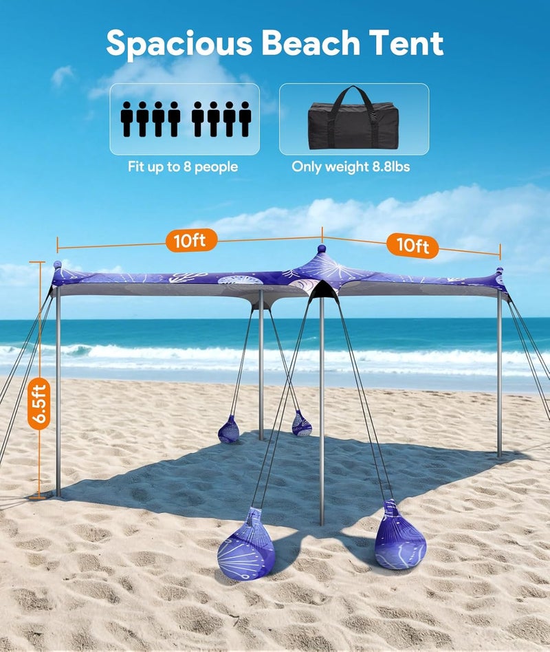 73Hours Beach Tent Sun Shelter, 10 x 10 FT Beach Canopy Tent Sun Shade, UPF50+ Tents Canopy with 8 Sandbags  4 Stability Poles, Outdoor Tents for Camping Fishing, Jellyfish - Image 5
