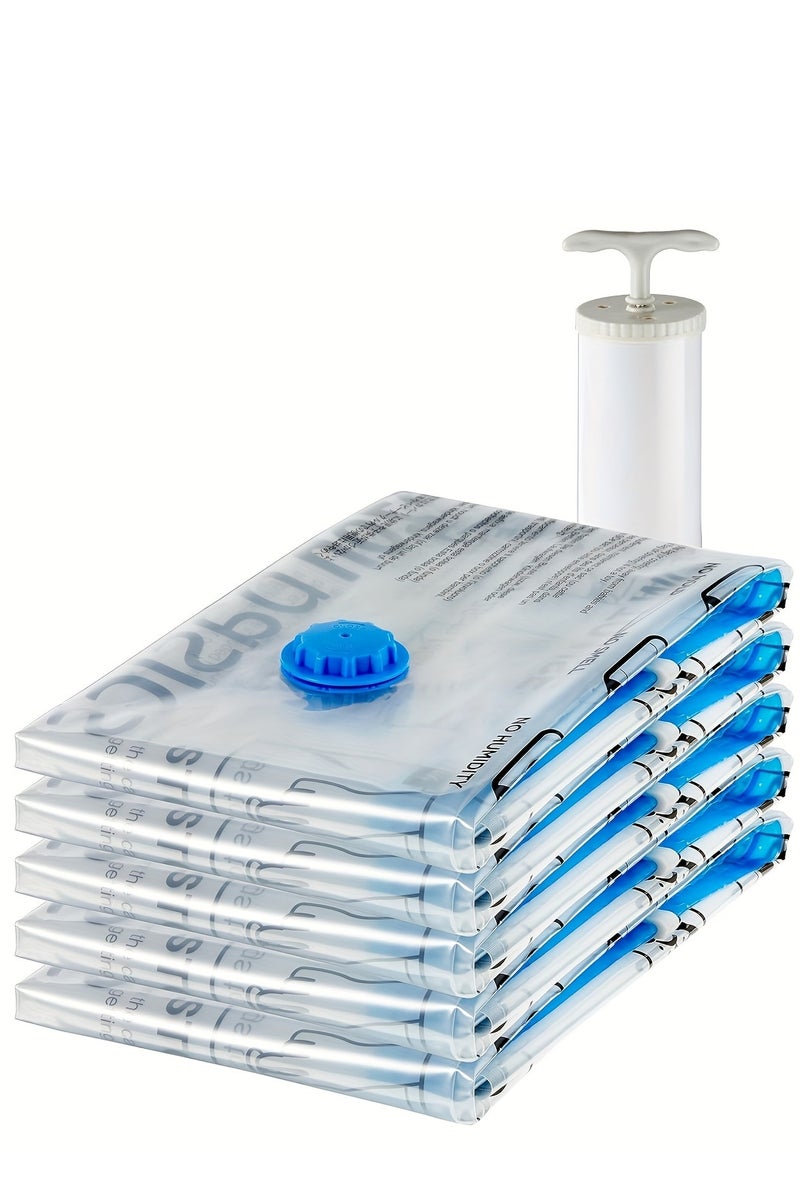 5 Pcs Vacuum Space Saver Bags, Vacuum Storage Bags with Hand Air Pump, Compression Bags Space Saver Bags Vacuum Seal Bags (1 Pcs 40x60cm), (1 Pcs 60x80cm), (1 Pcs 50x70cm), (1 Pcs 80*100cm), (1 Pcs 100*120cm), (1 Pcs Hand Pump) - Image 1