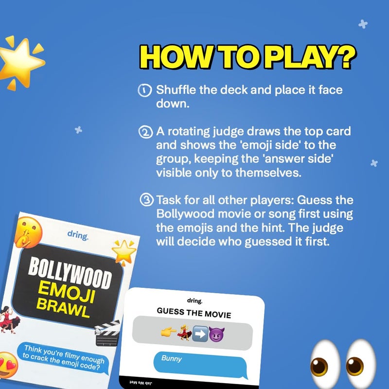 Dring Bollywood Emoji Brawl - Trivia and Guessing Bollywood Game | Perfect for Families & Friends | Fun House Party Game | Adults, Teens, 3-10 Players | Card Game, 14+ Ages, filmy - Image 5