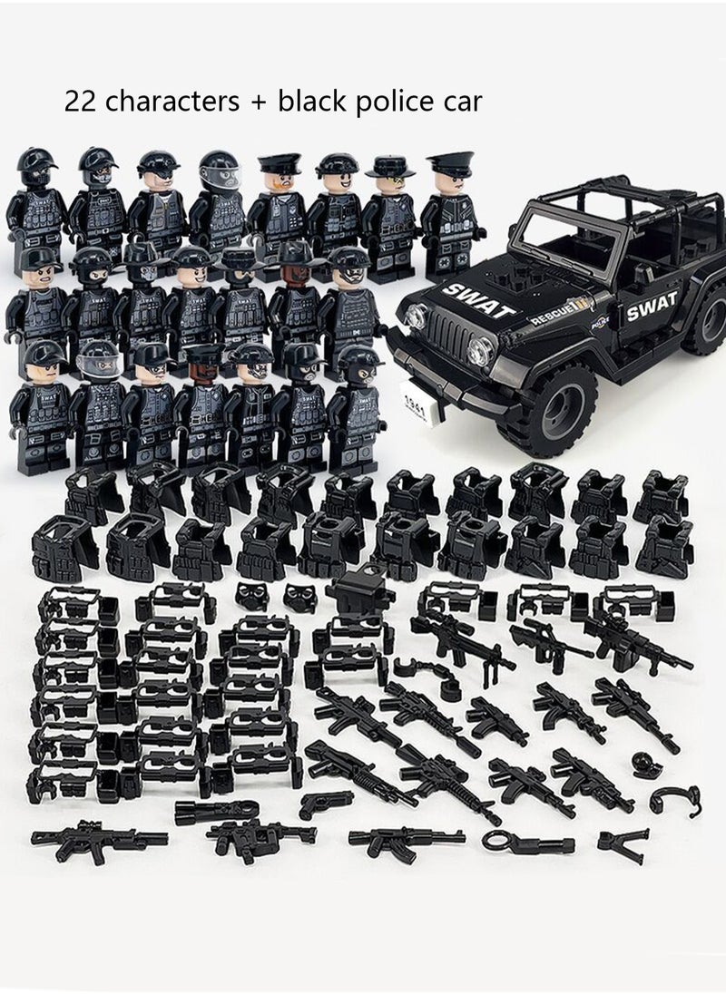Military Building Block Set Black Police Car Police Doll Small Particle Assembly Toy (22 Models Of Villains + Black Police Car)  - Image 2