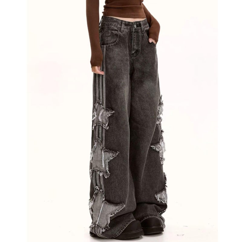 PEAINJ Star Jeans for Women Girls Baggy Cute Patchwork Denim Pants Y2k High Waisted Jeans Grunge Aesthetic Clothes Black-S - Image 3
