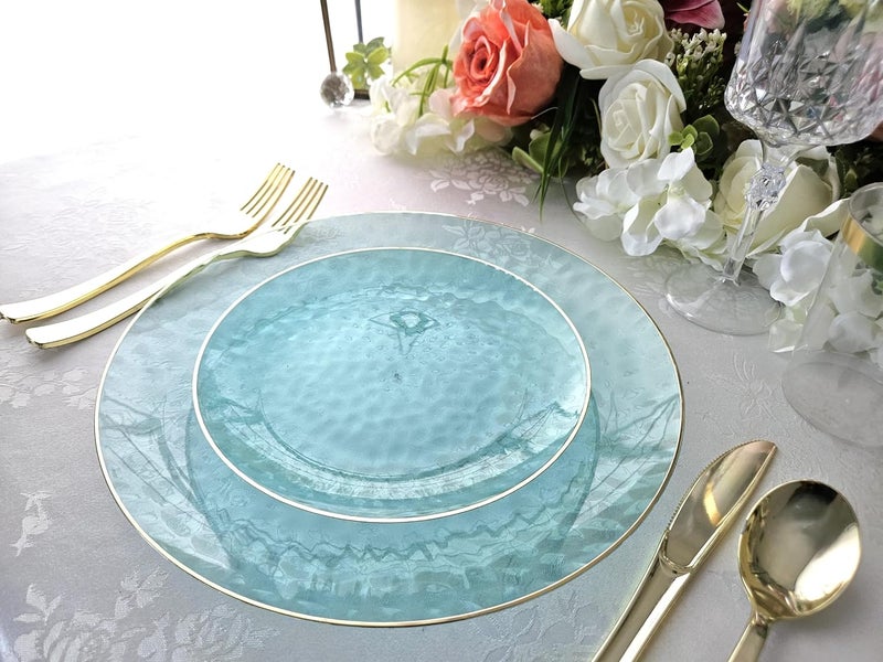 OCCASIONS FINEST PLASTIC TABLEWARE " OCCASIONS " 120 Plates Pack,(60 Guests) Heavyweight Premium Wedding Party Disposable Plastic Plates Set -60 x 10'' Dinner + 60 x 7'' Salad/Dessert (Coastal Clear Blue & Gold) - Image 3